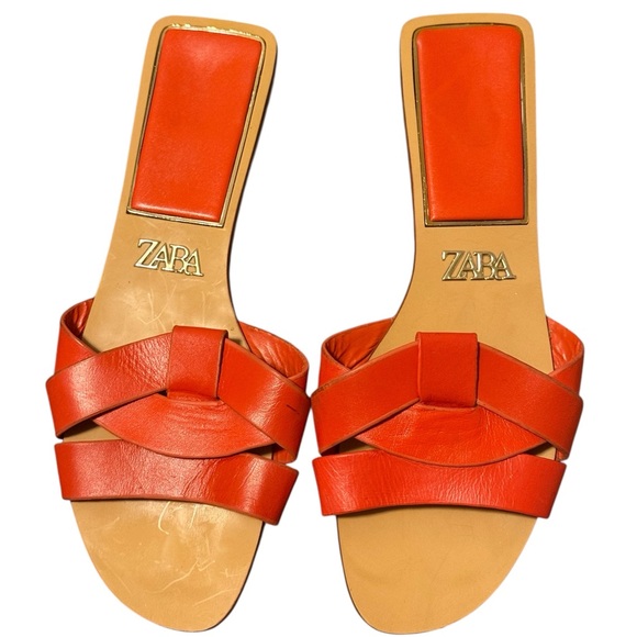 ZARA Low Heeled Crossed Leather Sandals – Orange 🍊 - Picture 2 of 8